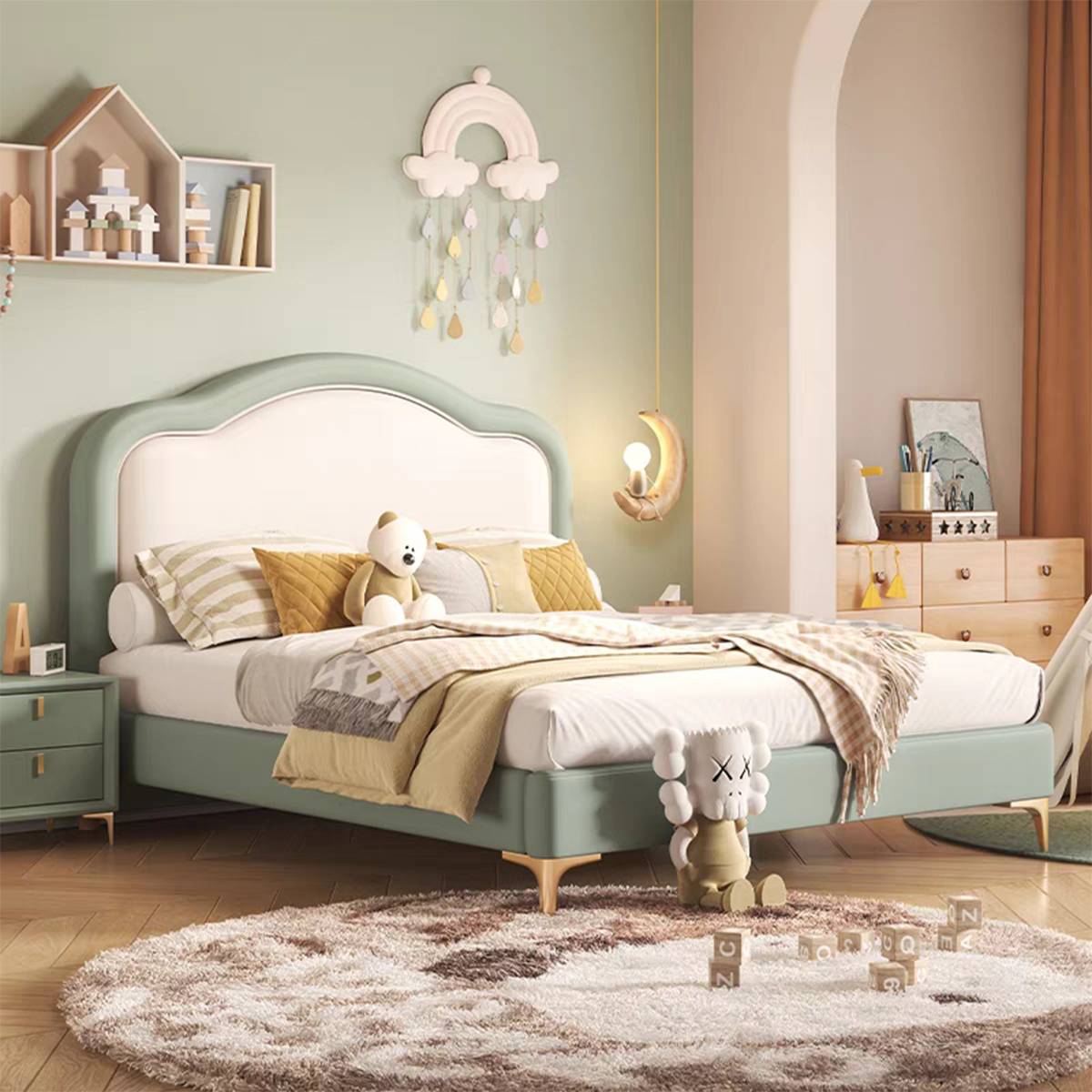 Side view of the light green and white upholstered bed in a bedroom setting
