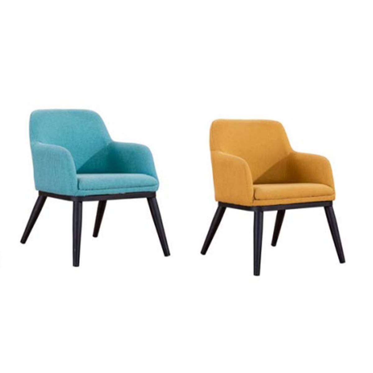 Blue and yellow linen accent chairs with black iron legs