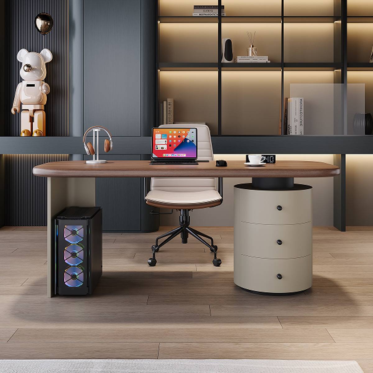 Front view of the desk with office chair