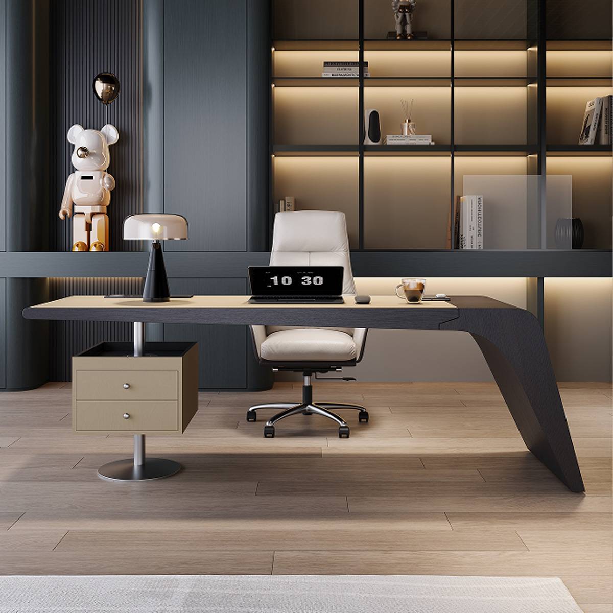 Front view of the desk with office chair and shelving unit