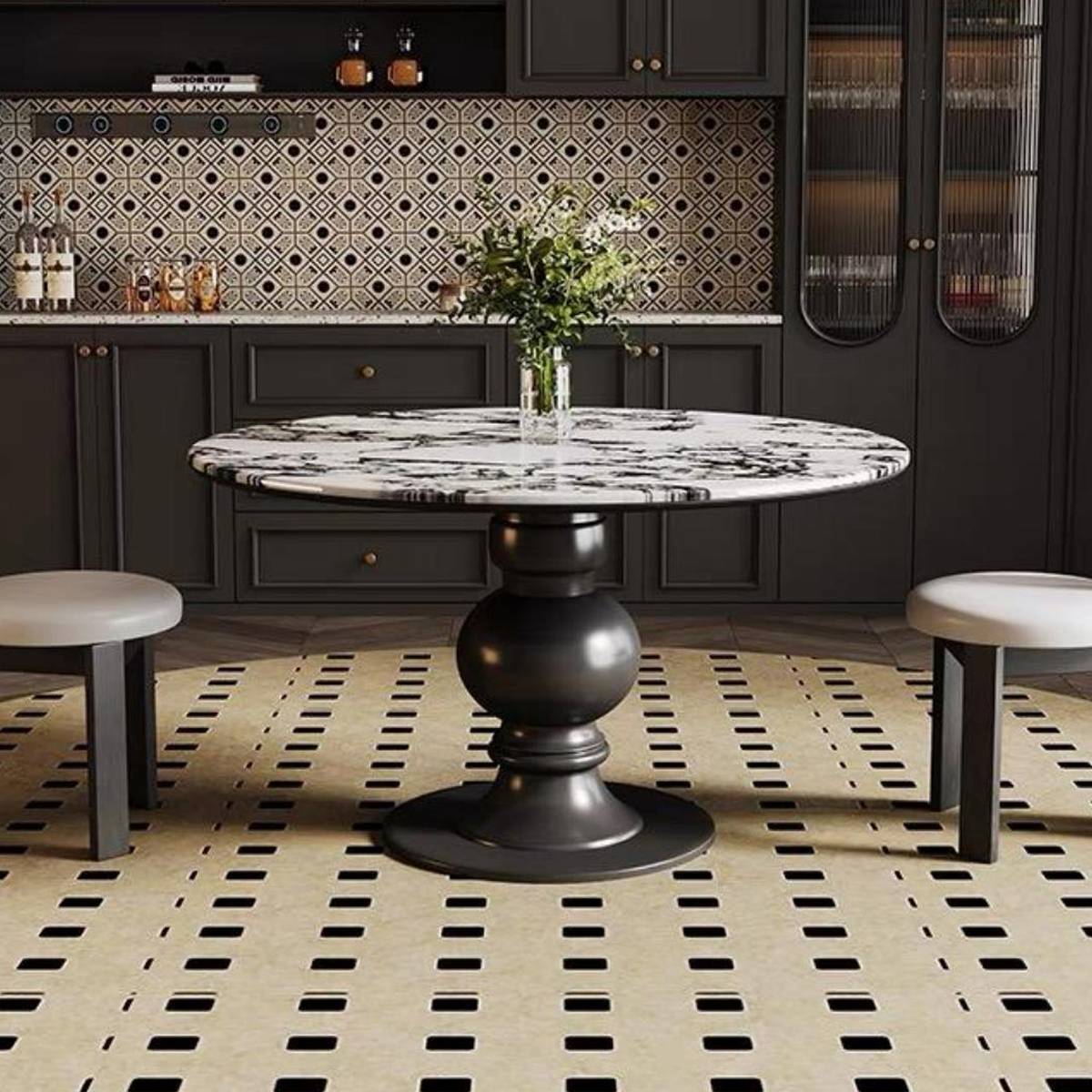 Front view of the round marble dining table with black base and white stools