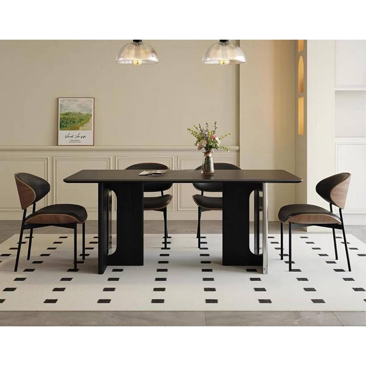 Front view of the Z60 dining table showing the stainless steel base and sintered stone top
