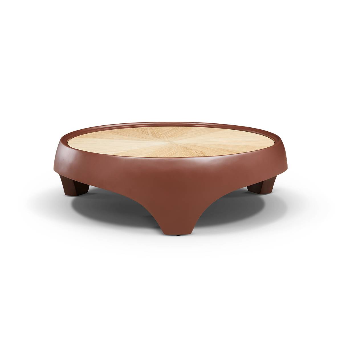 Front view of the round coffee table showing the curved base and wood veneer top
