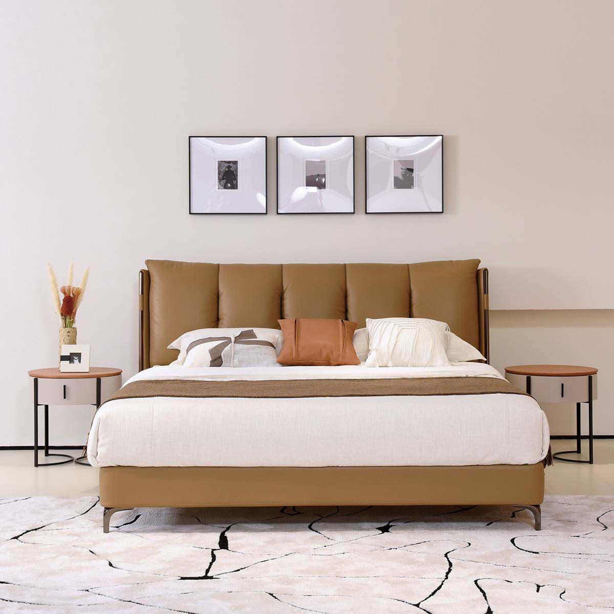 Front view of the B22 leather bed with bedside tables