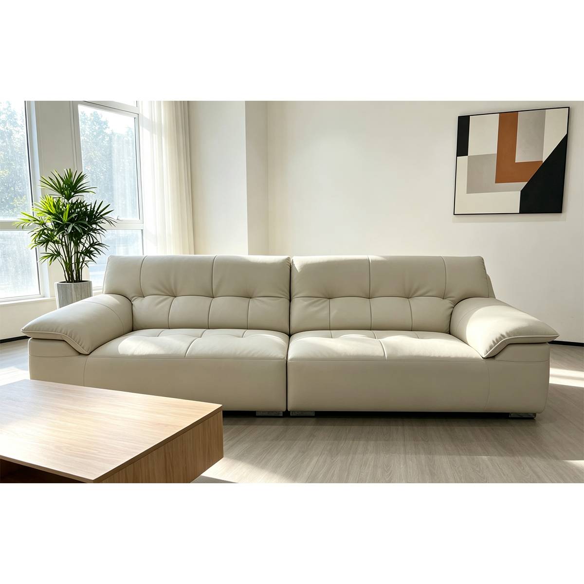 Front view of the cream-colored straight sofa showing the seating arrangement and back cushions