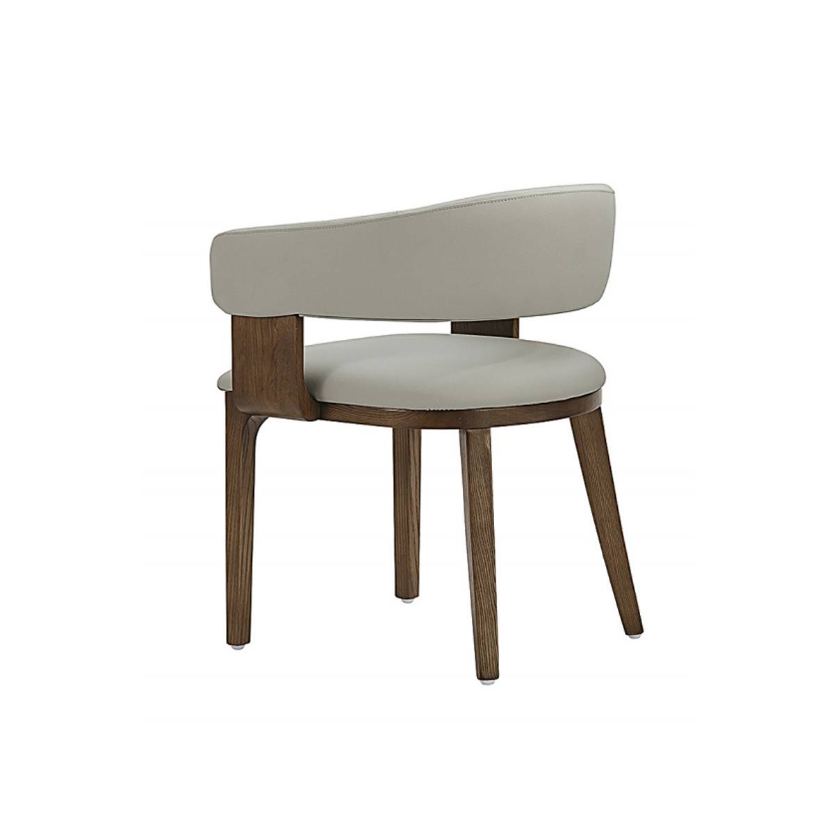 Rear view of beige faux leather armchair with wood frame