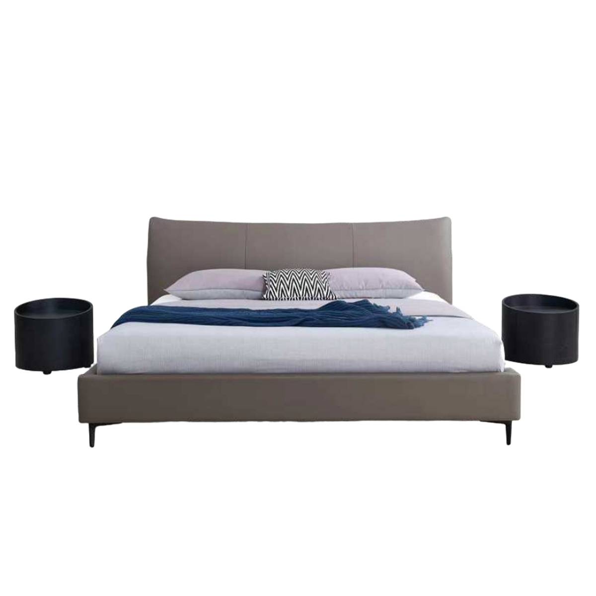 Front view of the grey leather bed showing the full width and headboard design