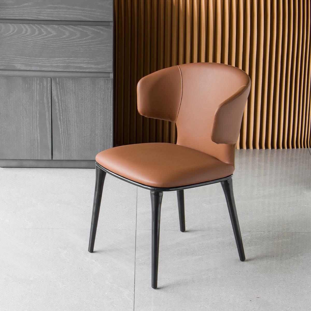 Close-up of khaki dining chair showing seat and back detail