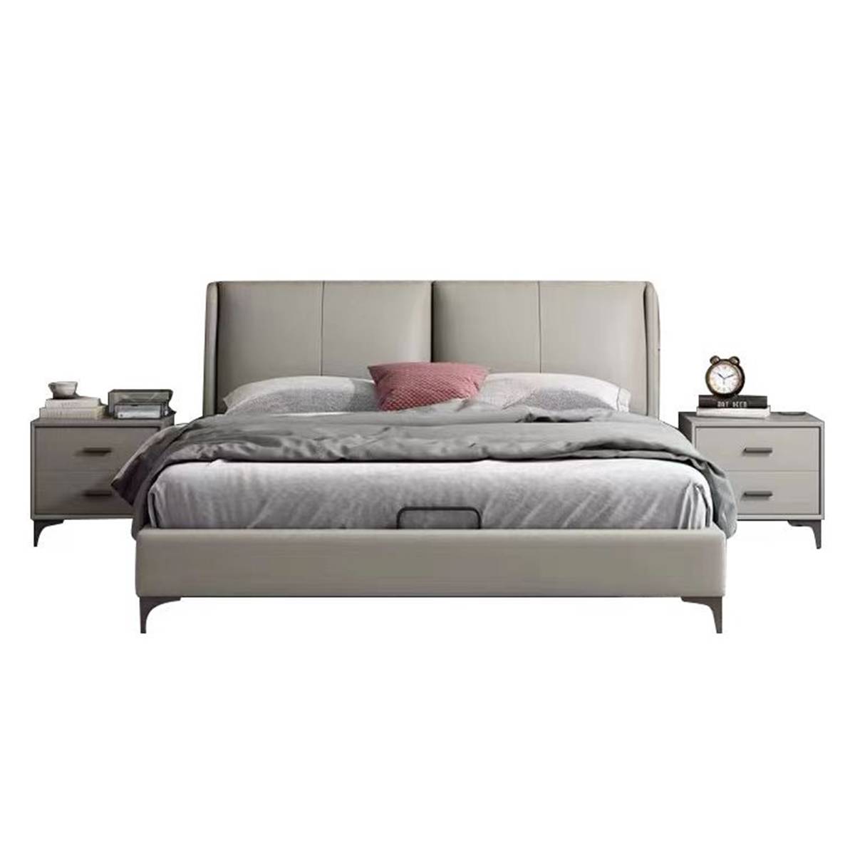 Studio shot of the grey upholstered bed with matching bedside tables against a white background.