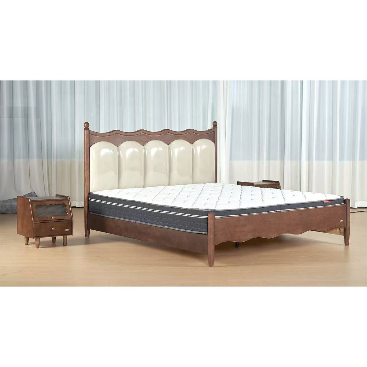 Mid-century solid wood bed with cream leather headboard and cherry wood finish