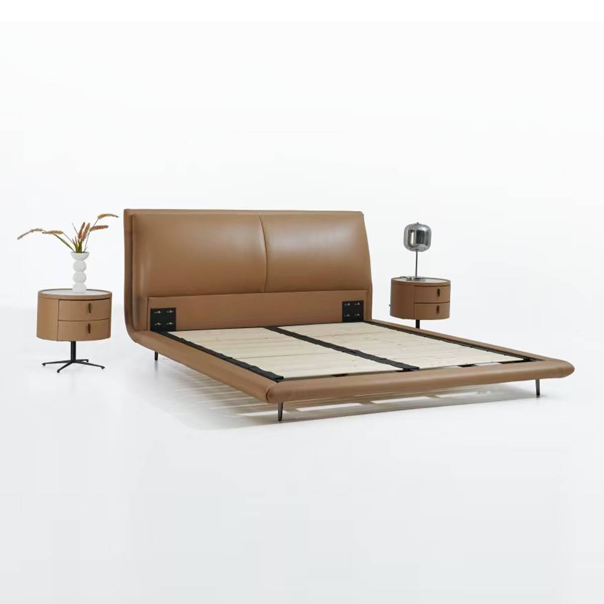 Bed frame without mattress showing the wooden slat base and steel legs