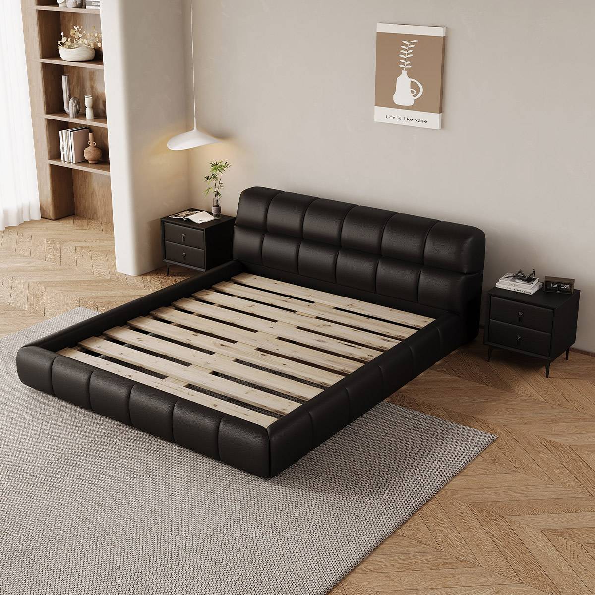 Close-up of the bed frame showing the wooden slat support system