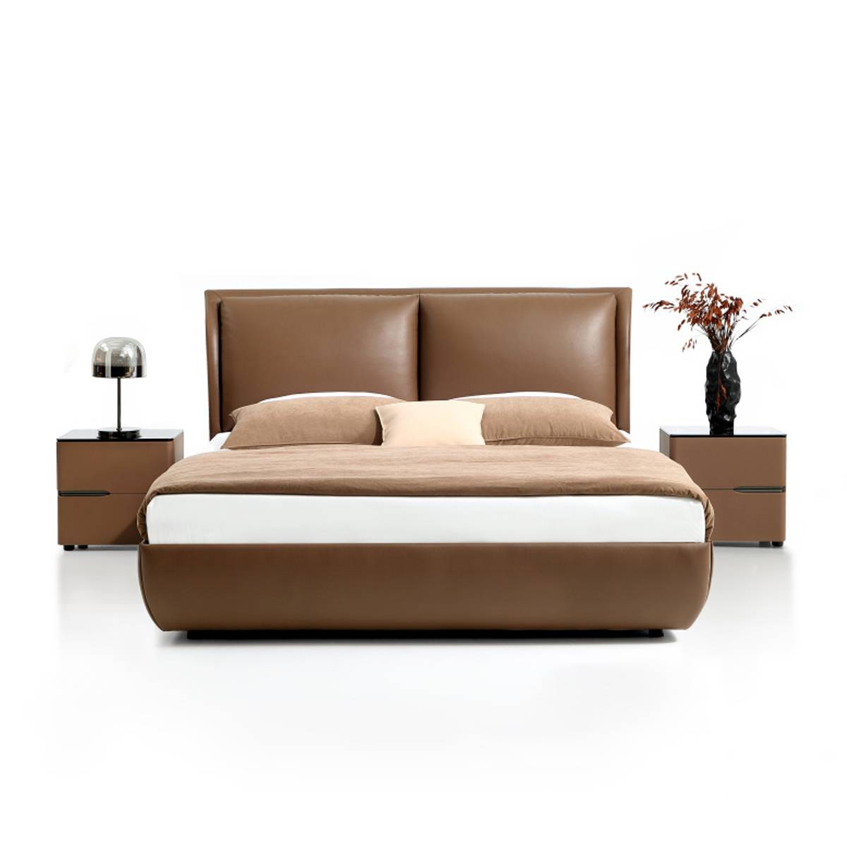 Front view of the brown leather bed showing the headboard and bedding