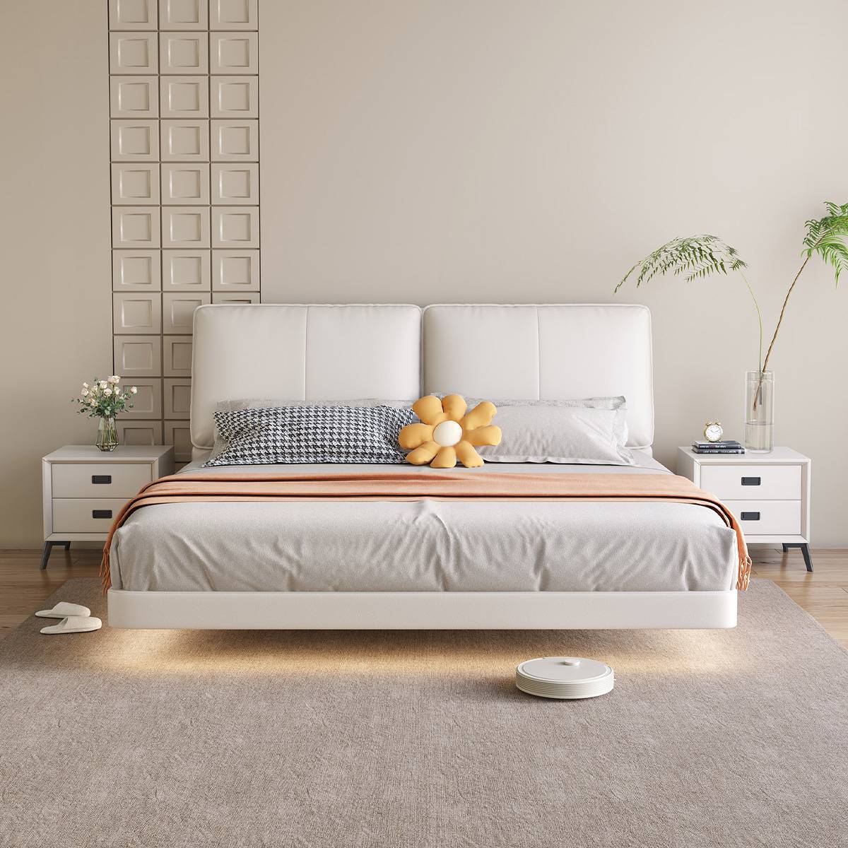 Front view of a white eco-leather floating bed with LED lighting underneath