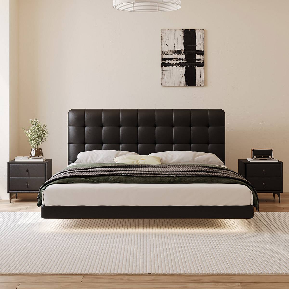 Front view of black floating bed with matching bedside tables