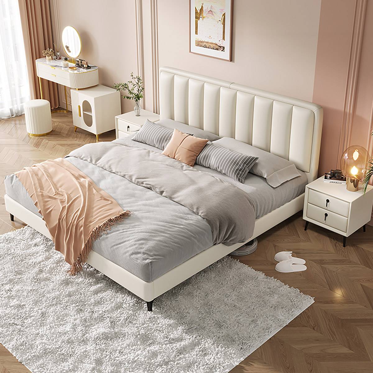 High angle view of the bed in a bedroom setting with bedside tables
