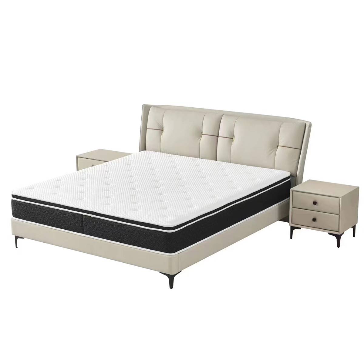 Bed frame with mattress and matching bedside tables