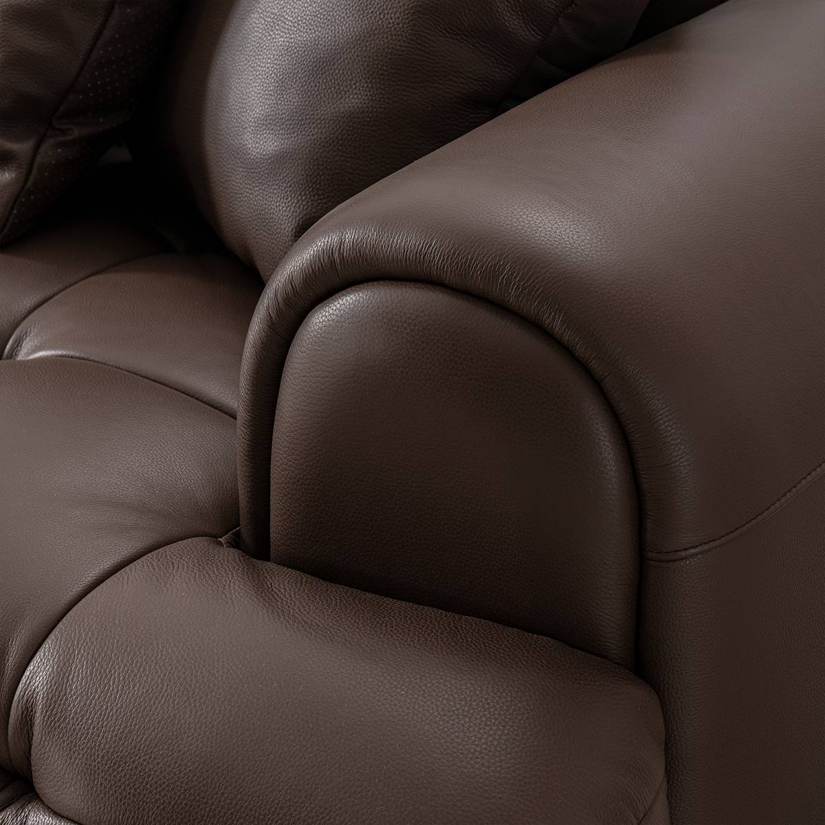 Close-up detail of the rolled armrest and leather texture