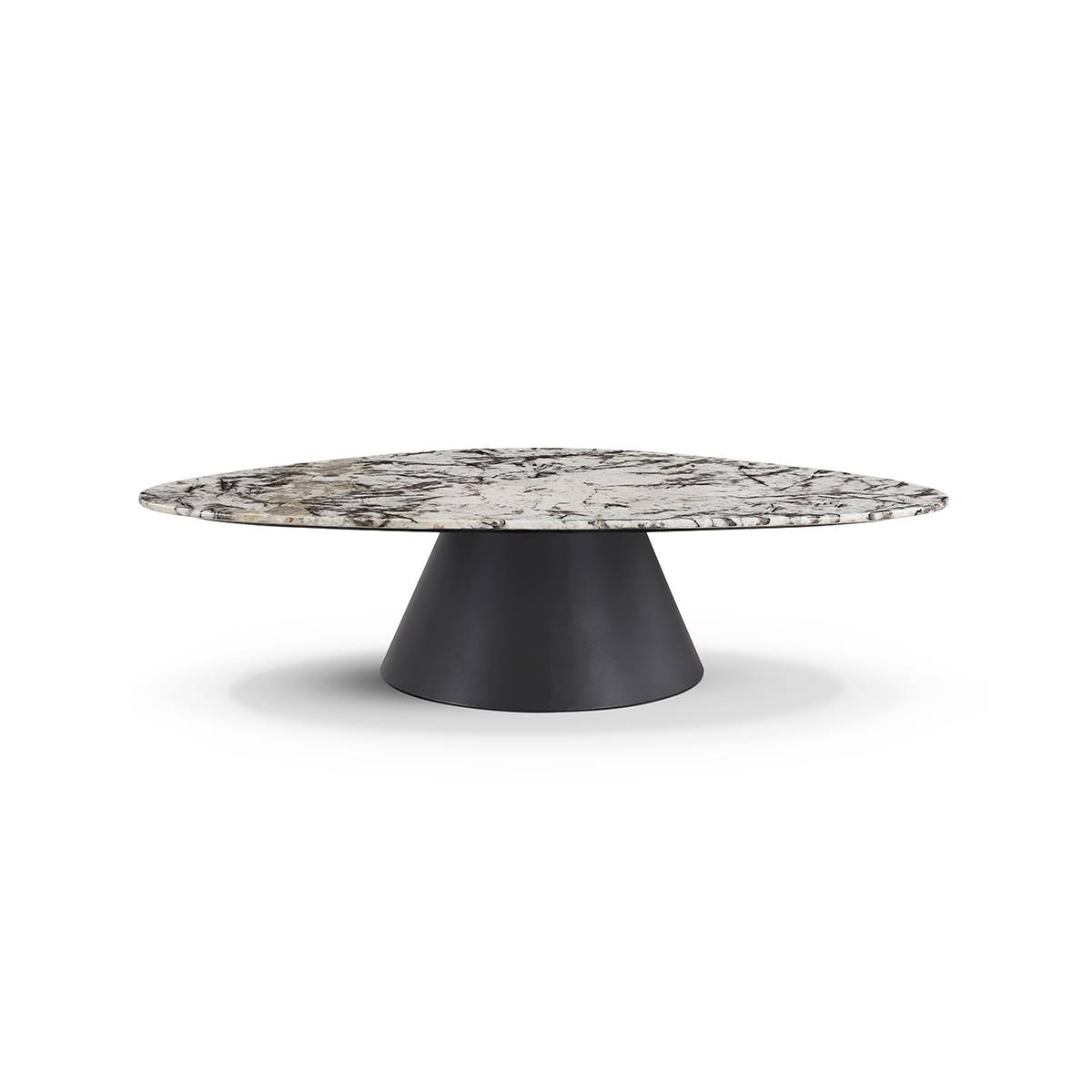 Close-up of the larger marble coffee table with carbon steel base