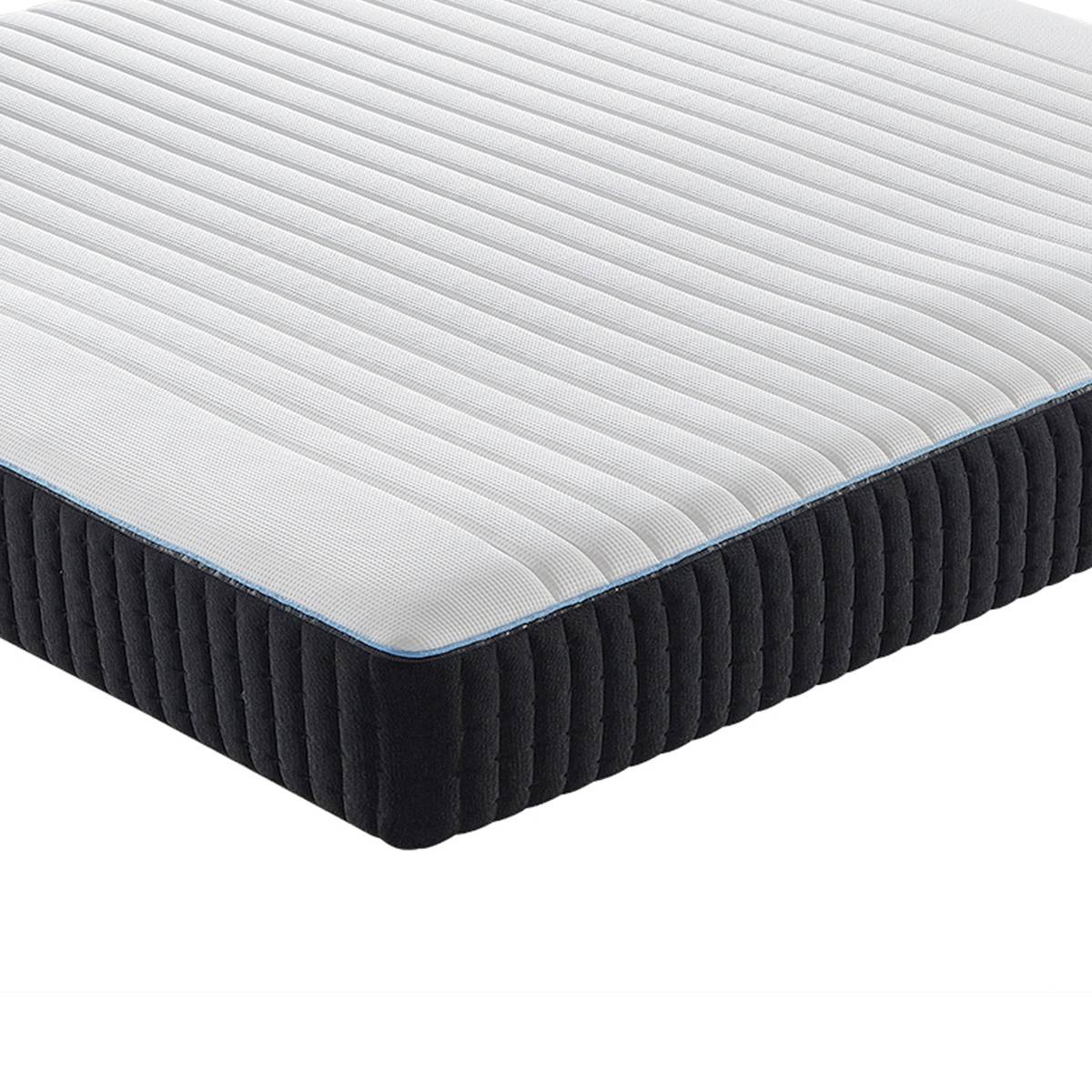 Close-up of the mattress corner showing the white ribbed fabric and black side