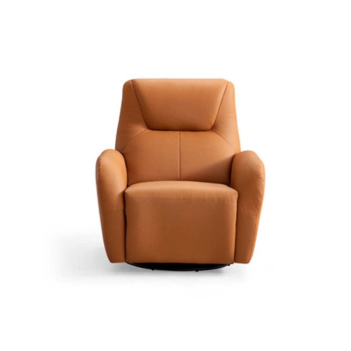 Front view of a tan leather manual recliner swivel chair
