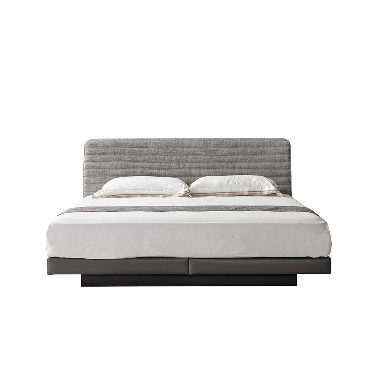 Front view of the grey Roger floating bed with white bedding