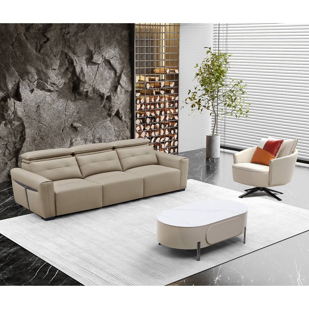 Full living room setup showing the sofa, coffee table, and lounge chair