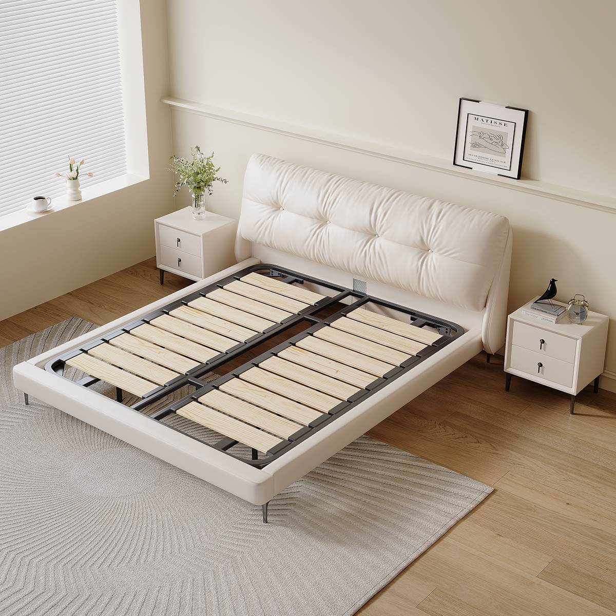 Close-up of the bed frame showing the steel-wood slat support system