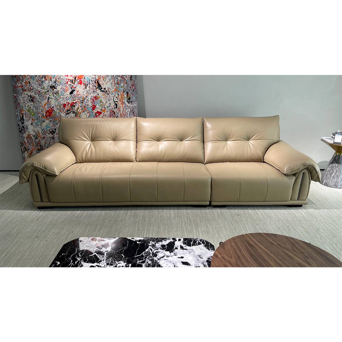 Front view of beige leather straight sofa