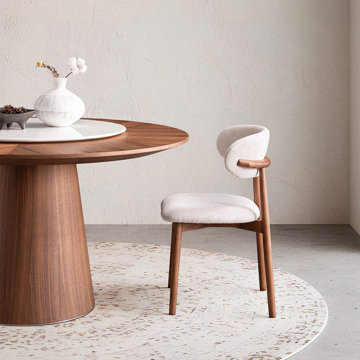 Side view of the dining table with a matching chair