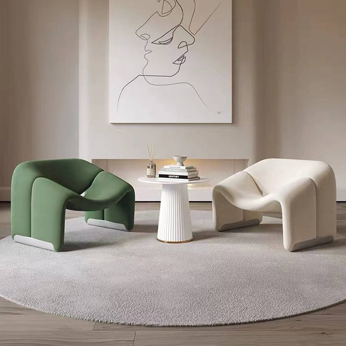 Green and white Smile Lounge Chairs arranged around a side table