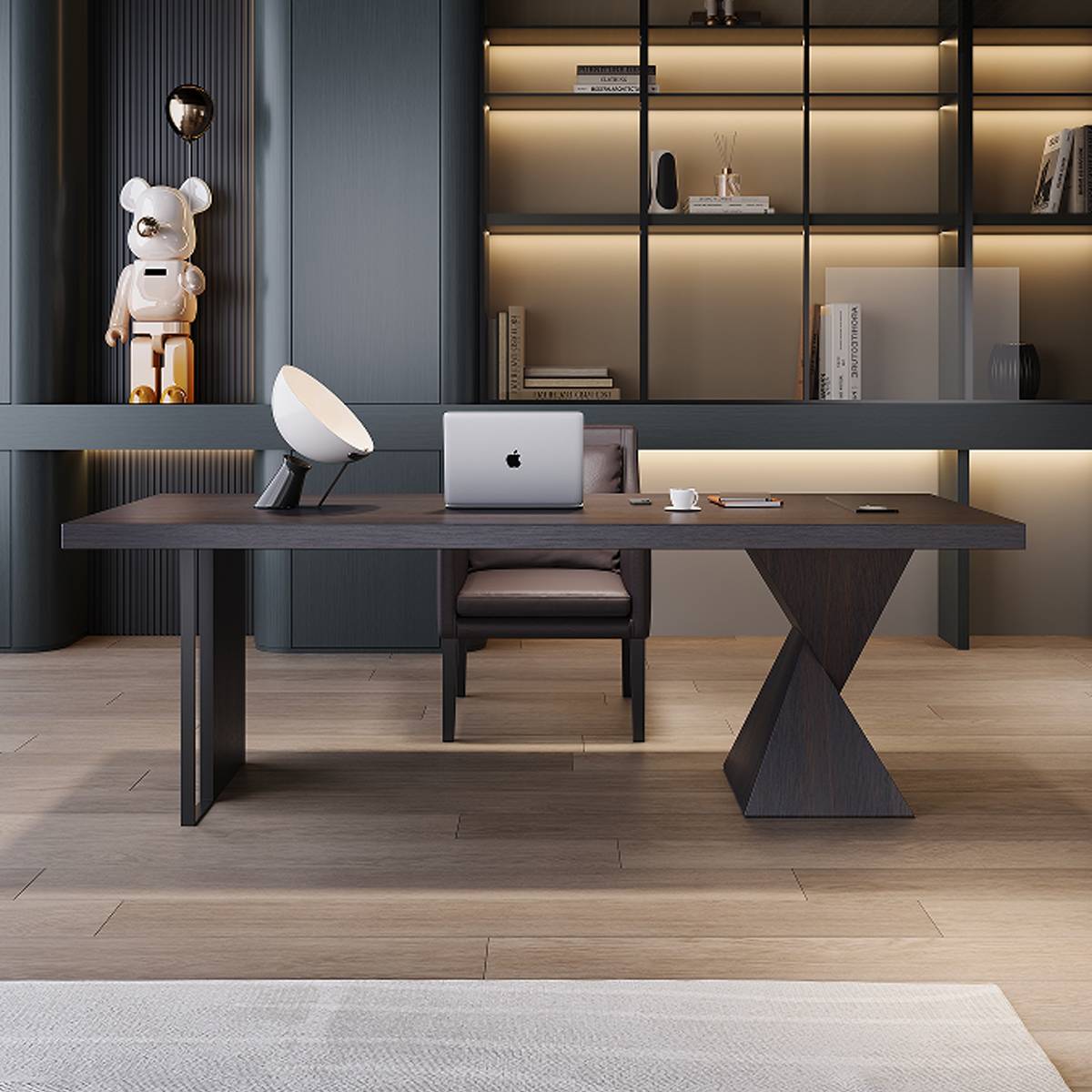 Front view of the desk showing the geometric base and stainless steel leg