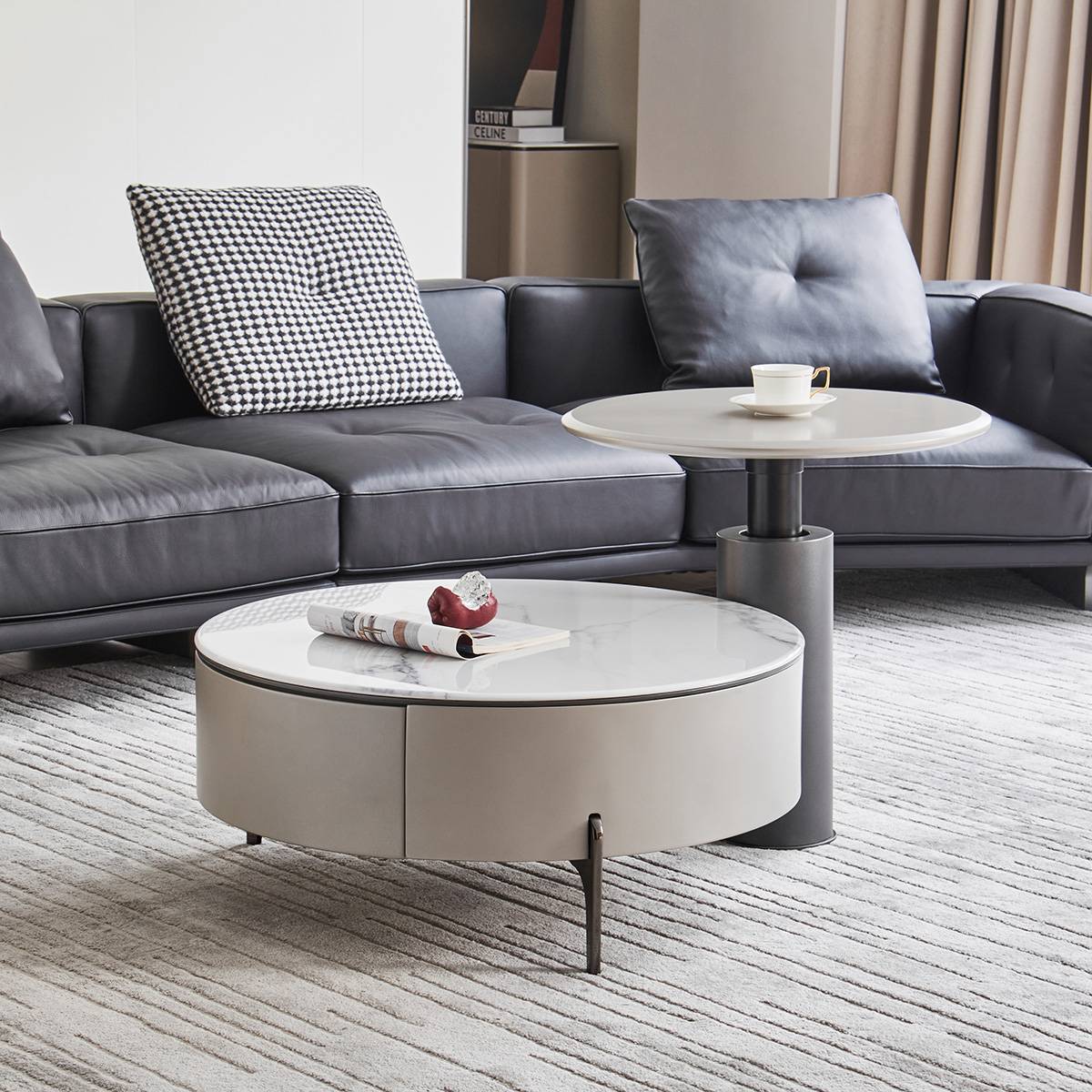 Side angle view of the coffee table set showing the height adjustment mechanism