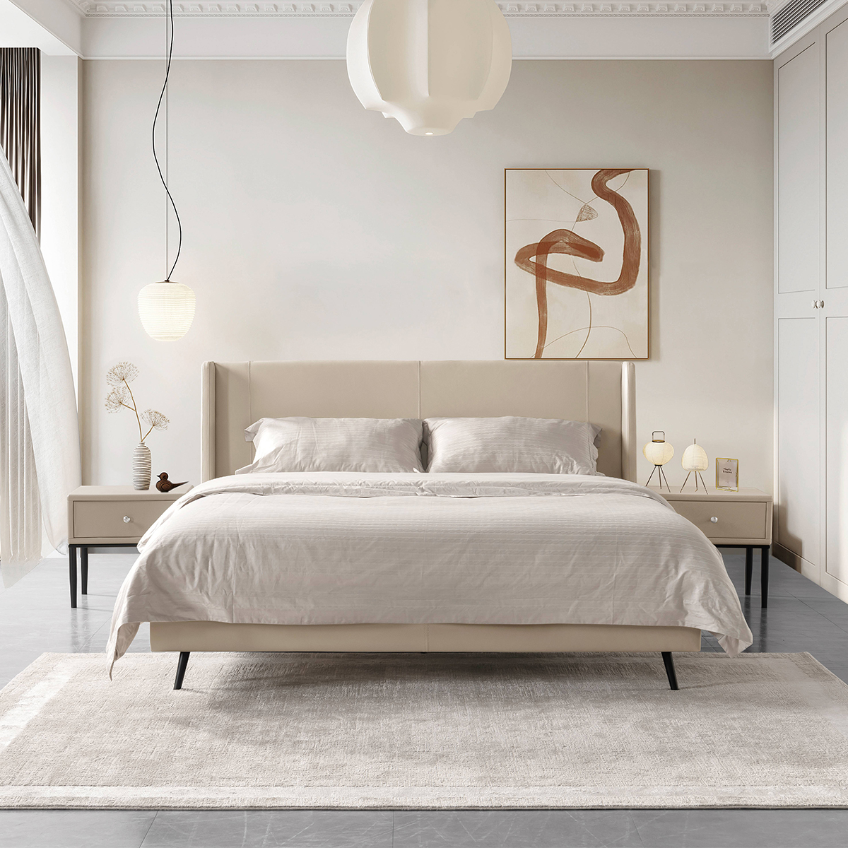 Front view of the beige modern soft bed in a bedroom setting