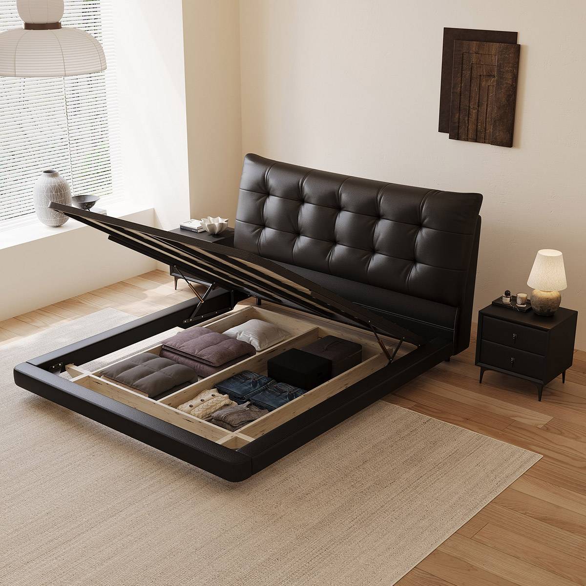 Bed frame lifted to reveal pneumatic storage compartment