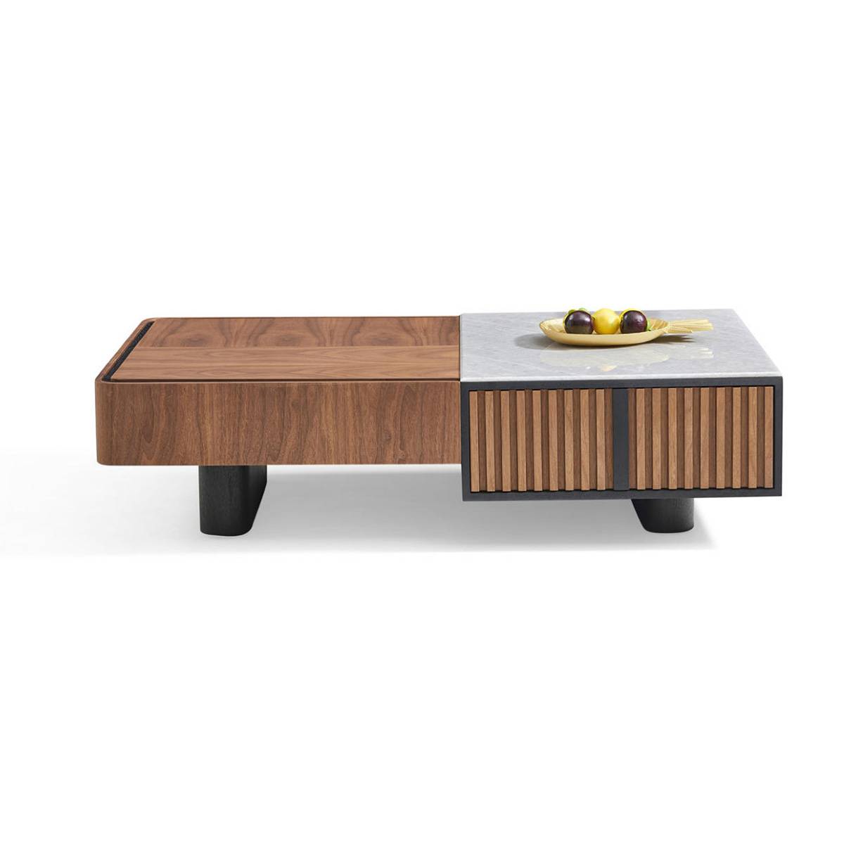 Side profile view of the coffee table highlighting the slatted cabinet doors and black legs
