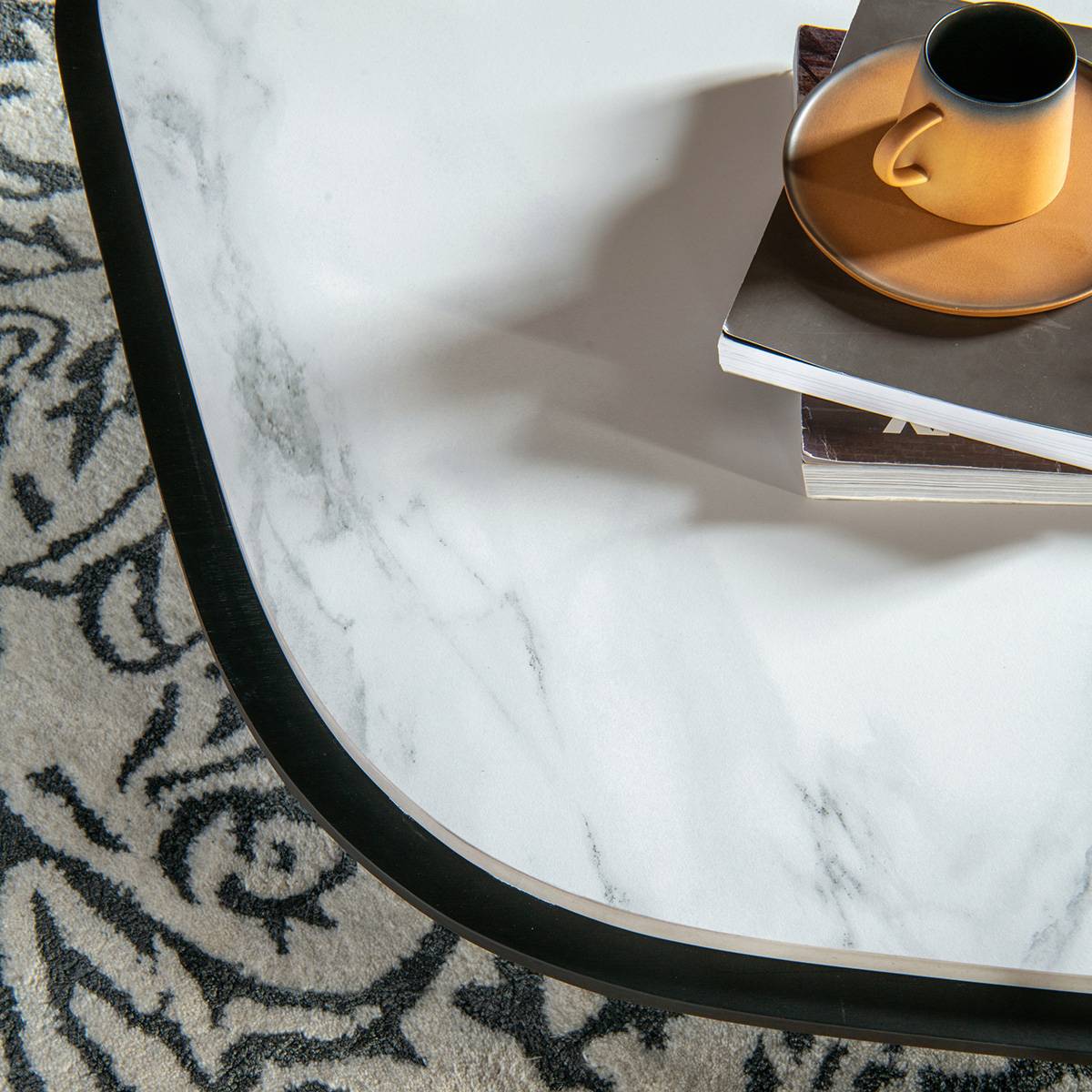 Close-up of the white quartz stone surface of the coffee table
