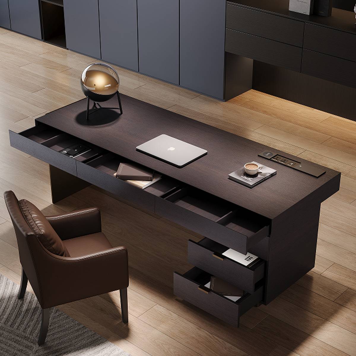 Overhead view showing the desk surface with laptop and open drawers