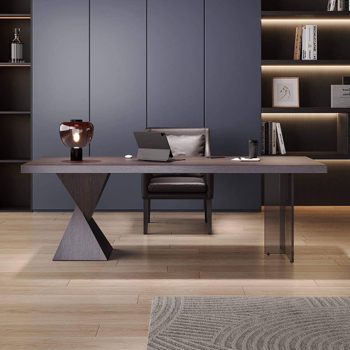 Front view of the desk showing the wireless charging area and chair