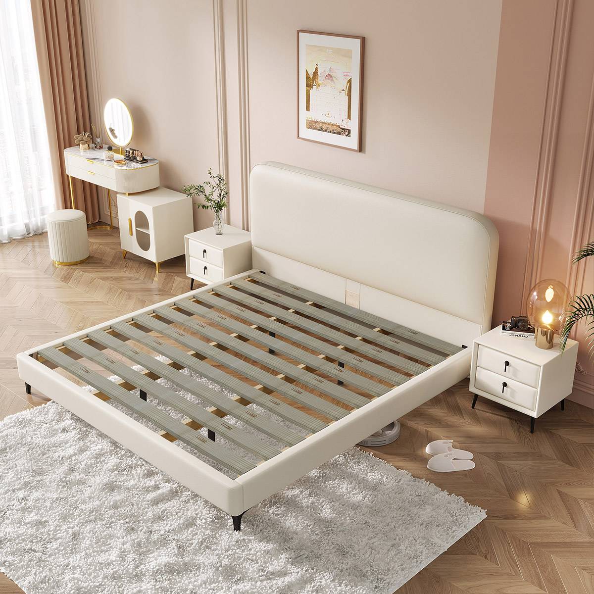 Bed frame showing the grey steel-wood slat base