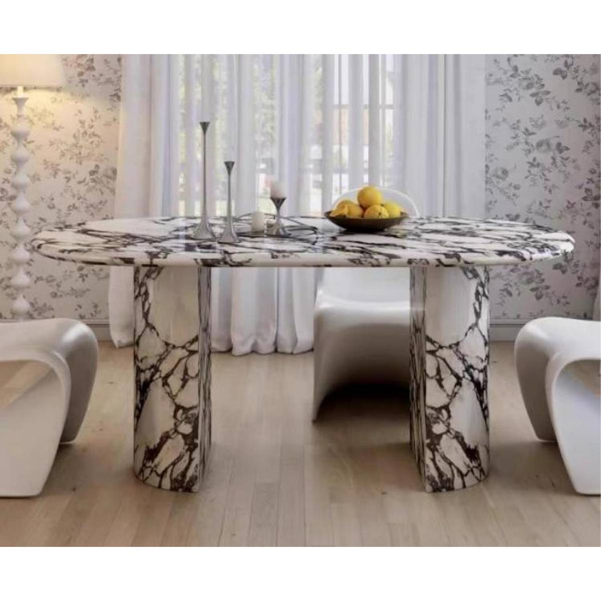 Front view of the marble dining table showing the thick marble legs