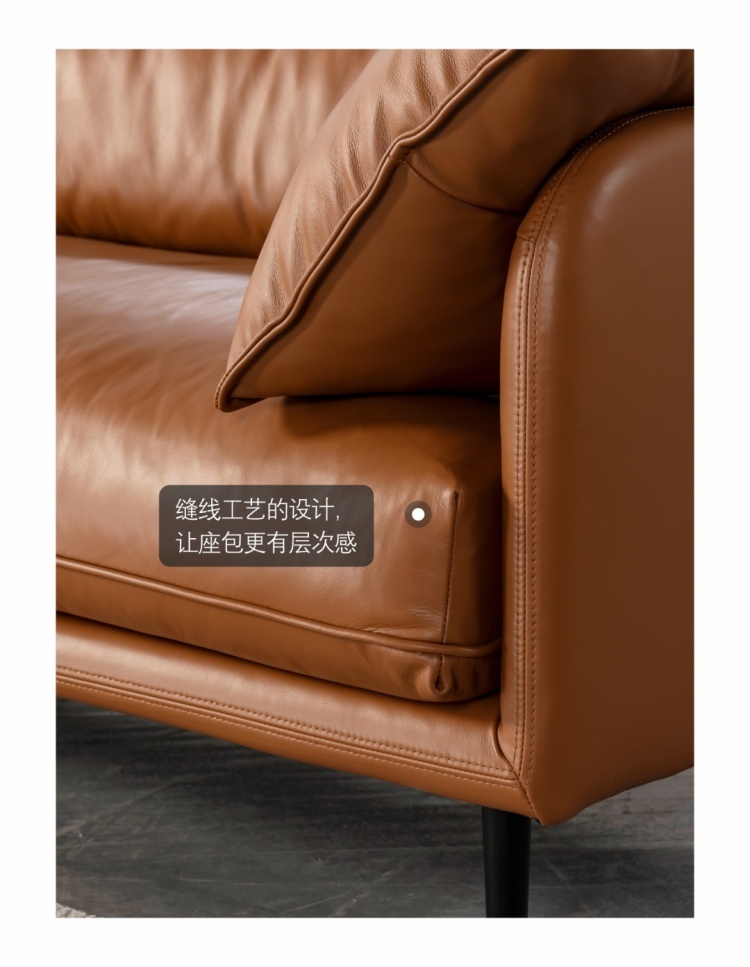 Close-up of the sofa seat cushion showing stitching details and leather texture