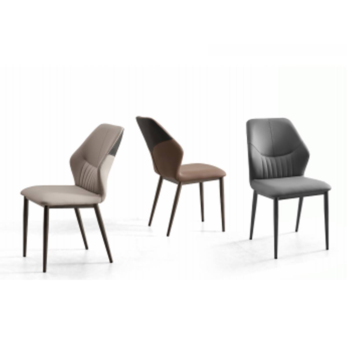 Three modern dining chairs in light grey, brown, and dark grey displayed against a white background