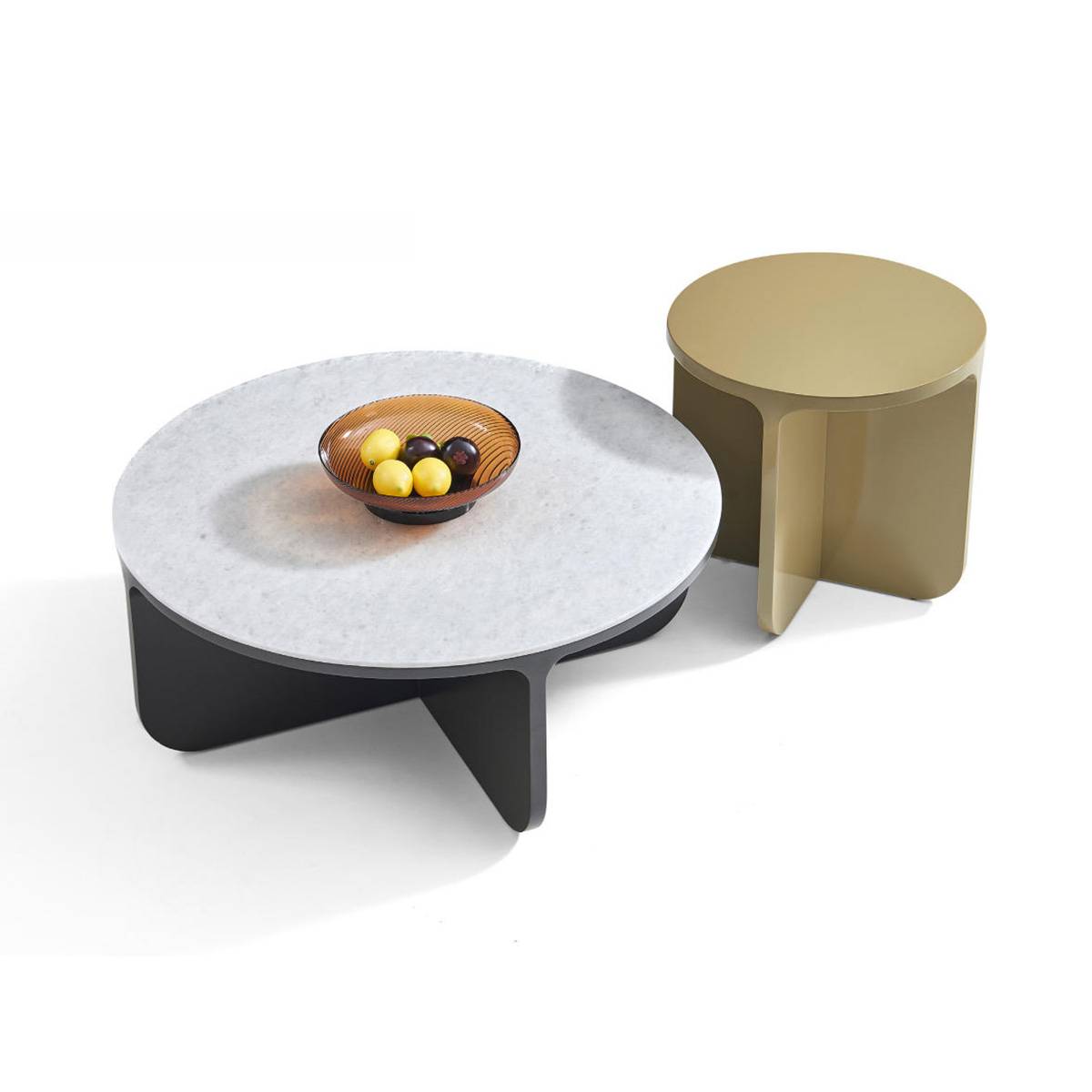 Top-down view of the coffee table set with a fruit bowl on the white stone top