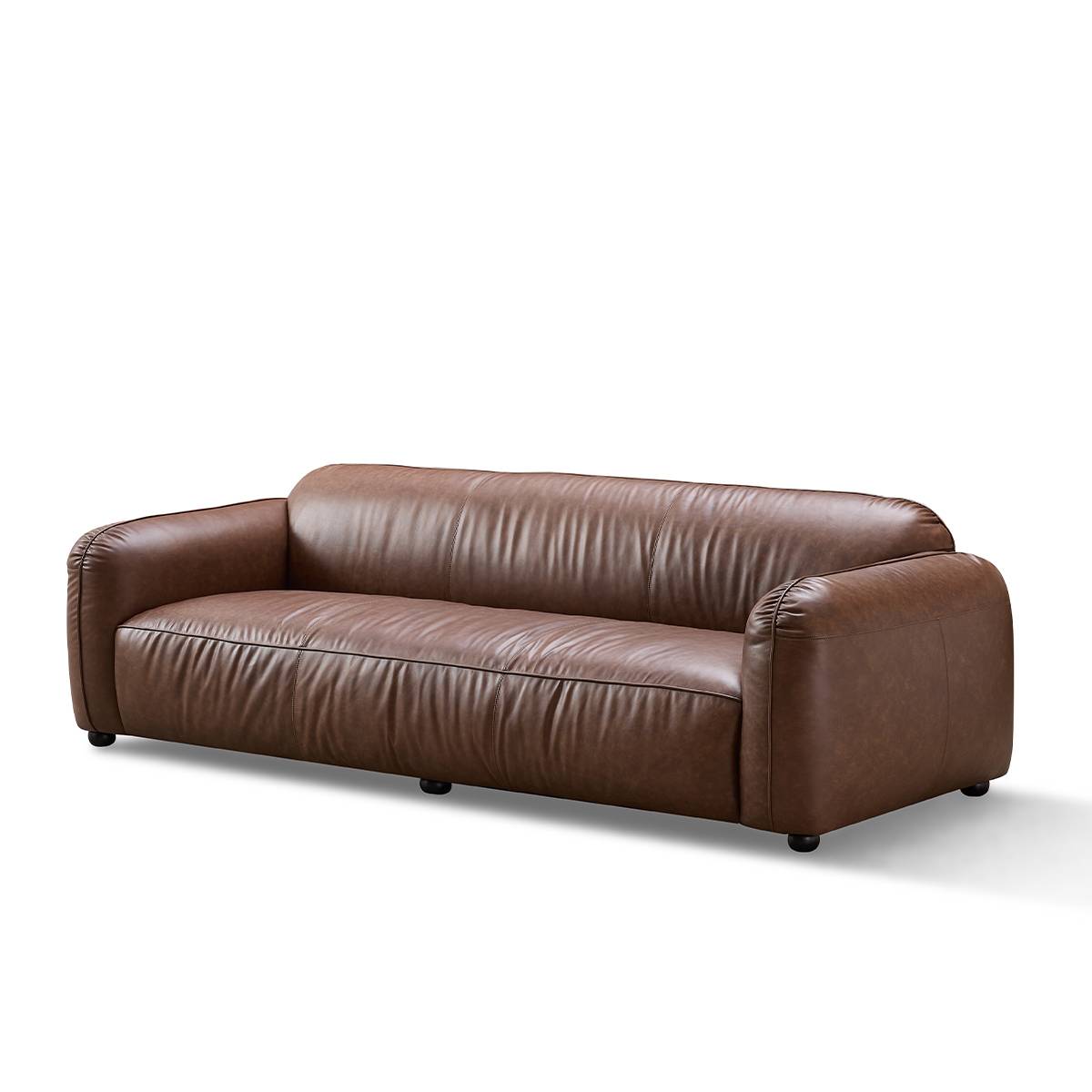 Side profile view of brown leather sofa