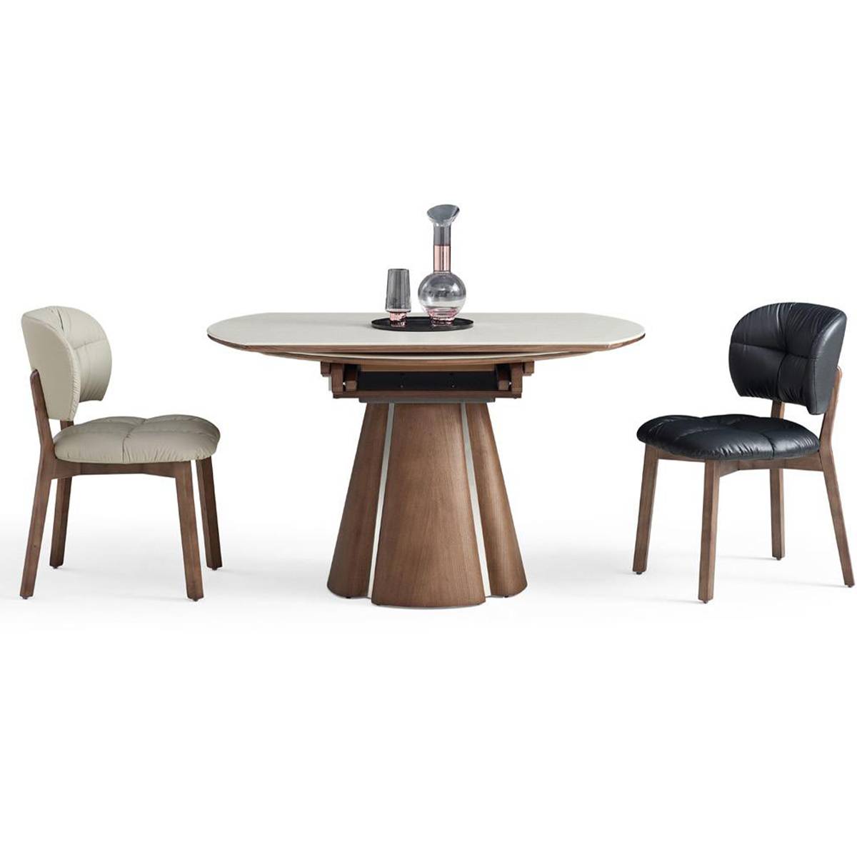 Side view of the dining table showing the extension mechanism and solid wood base