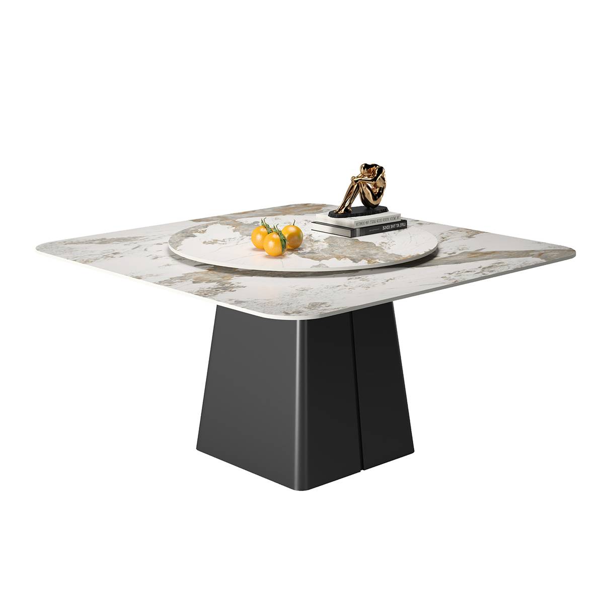 Front view of the dining table with a white marble pattern top, displaying a rotating tray with decorative items