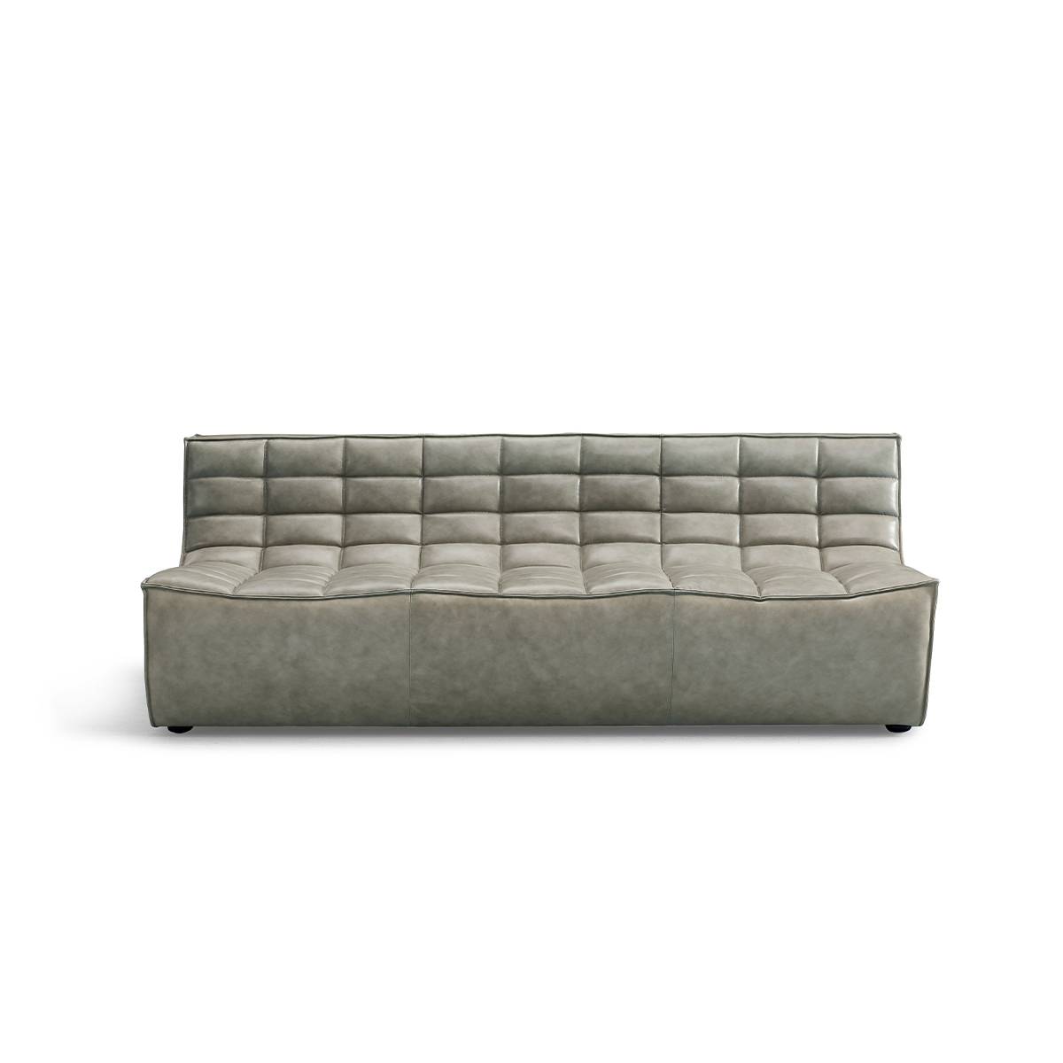 Front view of grey tufted leather sofa