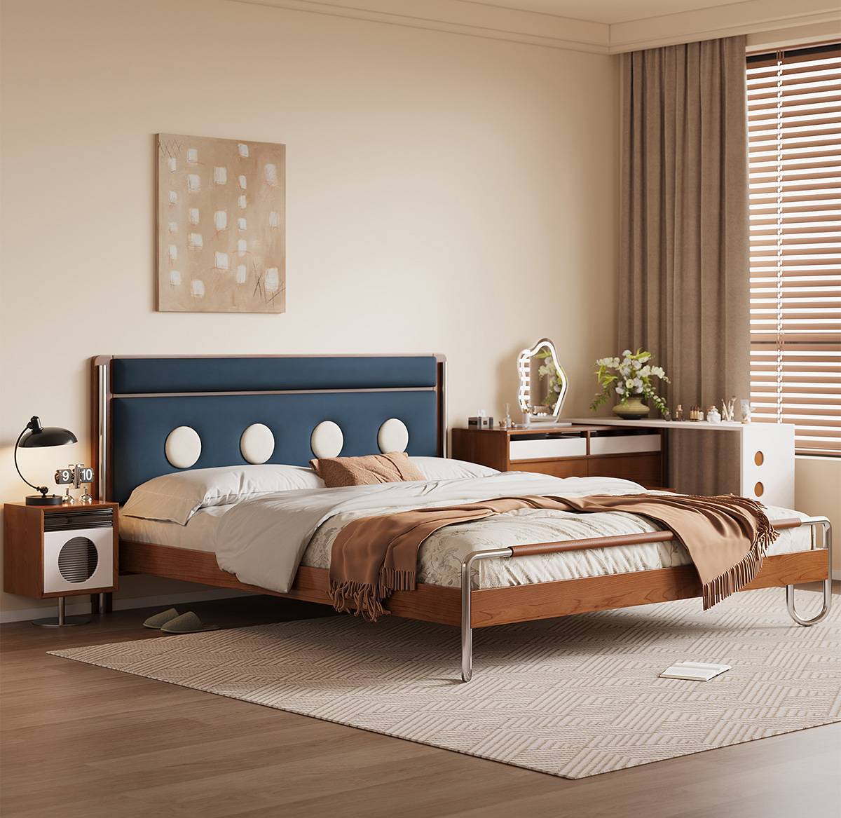 Klein blue upholstered bed with circular headboard details in a bedroom setting