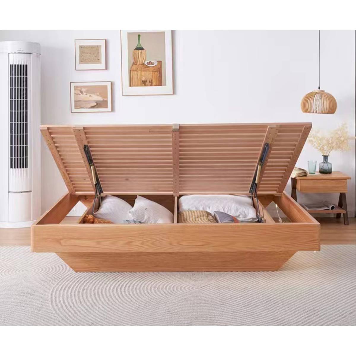 Front view of the bed frame with the lid fully open showing the gas strut mechanism and storage interior